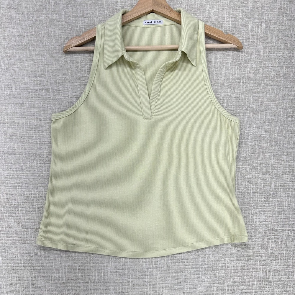 Sweet Romeo Polo Shirt Womens Small Green Ribbed Knit Sleeveless Collared Top